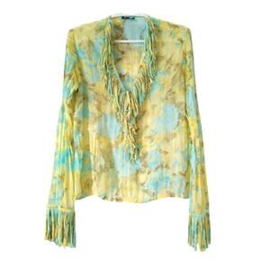 Grege yellow blue women's long sleeve top blouse 2 S